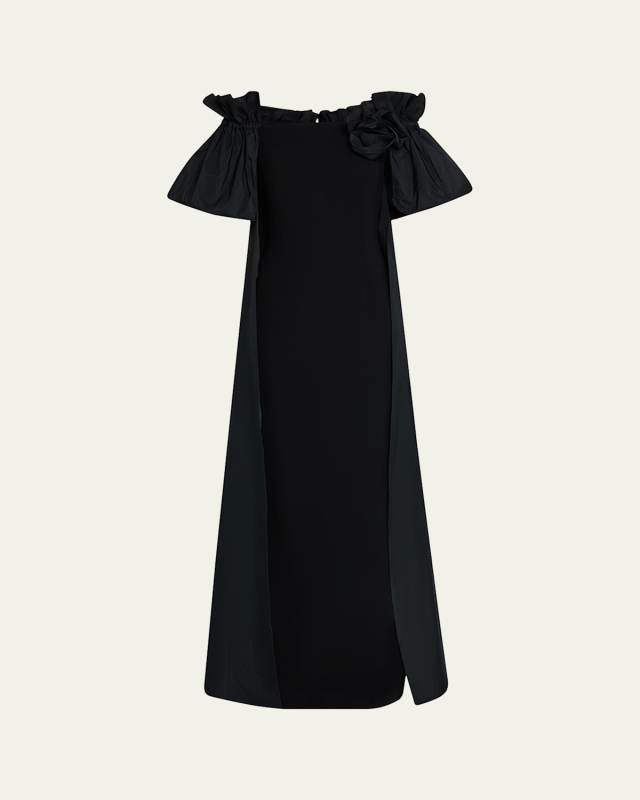 Off-Shoulder Taffeta & Crepe Cape Gown